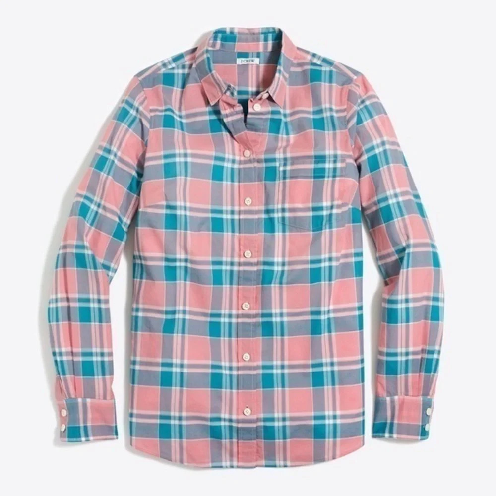 J. Crew • Pink Blue Plaid Classic Button Down Perfect Fit